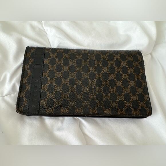 Vintage Celine Macadam Brown Coated Canvas Long Wallet‎ 7x3 Designer Classic - Picture 1 of 9